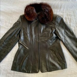 Vintage black leather jacket with fur collar